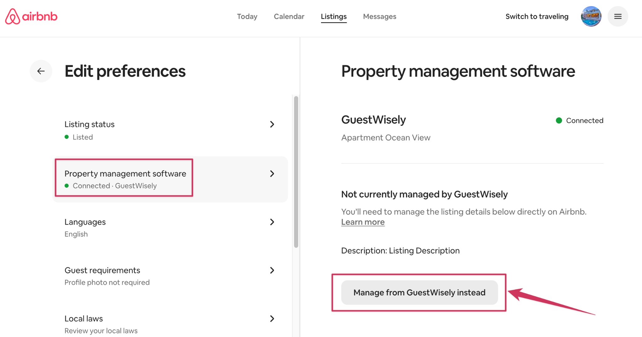 Select "Property management software" Under "Not currently managed by GuestWisely", a list of locked attributes will be shown Select "Manage from GuestWisely instead", a confirmation pop-up will appear Select "yes, allow" > Done