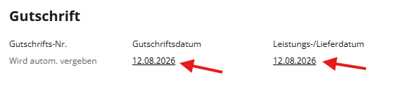 The image displays a German receipt with the fields for Gutschrift number, issue date, performance/delivery date, and a note indicating automatic issuance.

KI-generierte Inhalte können fehlerhaft sein.
