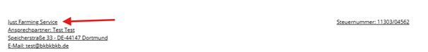 The image contains a document with the Just Farming Service contact information, including a tax number, contact person, address, and email.

KI-generierte Inhalte können fehlerhaft sein.