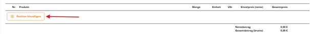 The image displays a product entry form with fields for quantity, unit, VAT, net price, and total price, both prefilled with zeros.

KI-generierte Inhalte können fehlerhaft sein.