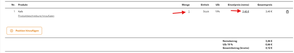 The image displays a product listing with the item being a calf, priced at ￢ﾂﾬ3.46, including a 19% tax, totaling ￢ﾂﾬ4.12.

KI-generierte Inhalte können fehlerhaft sein.