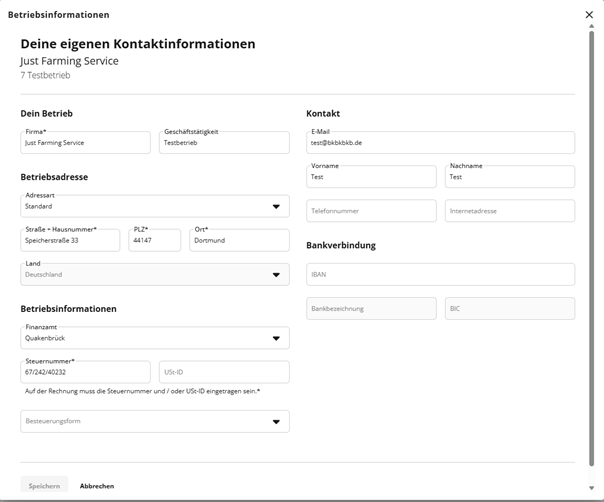 The image displays a form for inputting business information, including contact details, address, bank information, and tax identification for a company named Just Farming Service.

KI-generierte Inhalte können fehlerhaft sein.