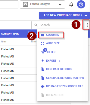 The image displays a screenshot of a web page interface, likely a software dashboard, with various tabs and buttons for managing purchase orders, including options to add new orders, filter, generate reports, and upload files.

KI-generert innhold kan være feil.
