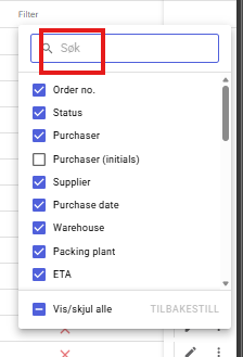 The image shows a form or screen with various fields for inputting details related to a purchase order, such as order number, status, purchaser information, supplier, purchase date, warehouse, packing plant, estimated time of arrival (ETA), and buttons to hide or cancel the entry.

KI-generert innhold kan være feil.