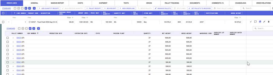 The image is a table displaying order information, including product codes, purchase prices, quantities, and related details such as gross weight, net weight, warehouse codes, and supplier information.

AI-generated content may be incorrect.