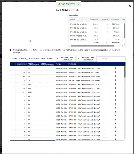 The image displays a table with columns for various product attributes, such as product number, description, weight, and code, followed by a list of specific items including their weights and codes.

KI-generert innhold kan være feil.