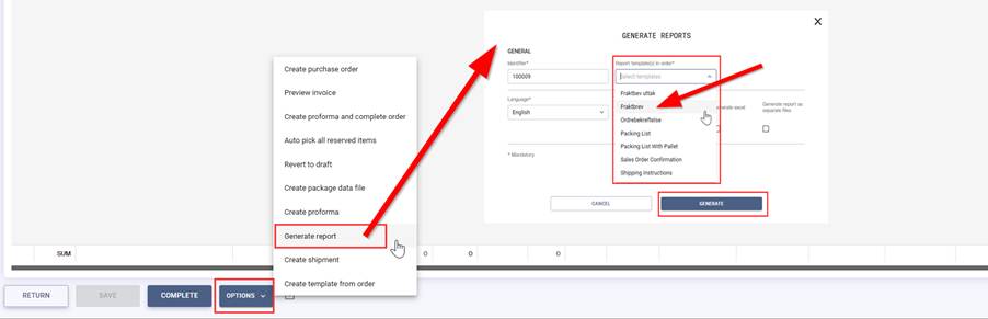 The image depicts a document interface with various options for generating reports, including purchase orders, invoice templates, and packing lists, with options for language selection and data file creation.

AI-generated content may be incorrect.
