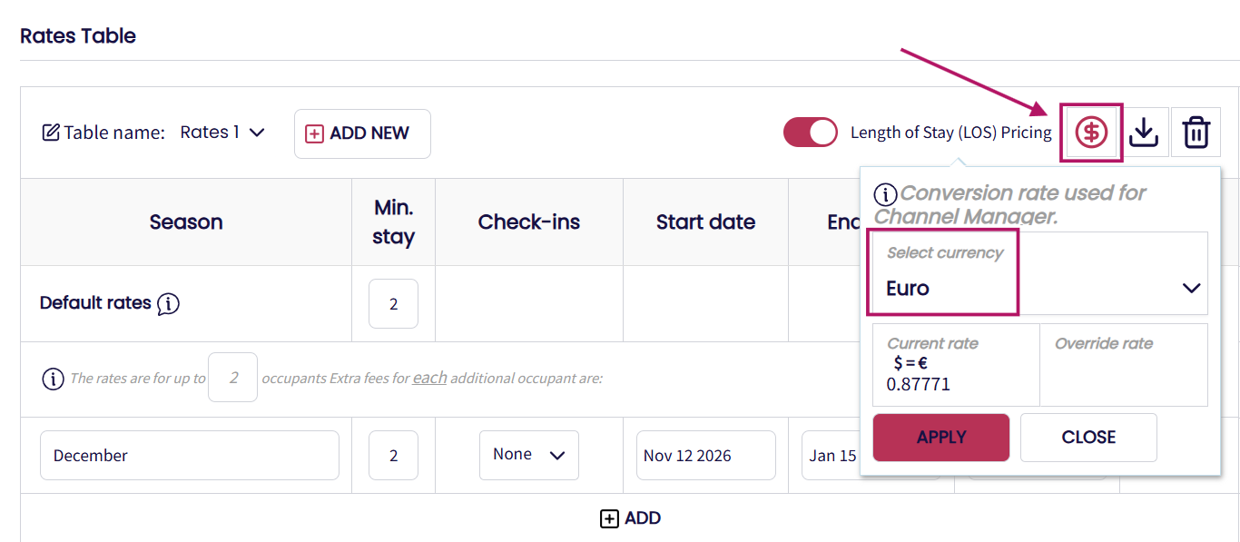 the conversion rate can be set in the Rates Table.