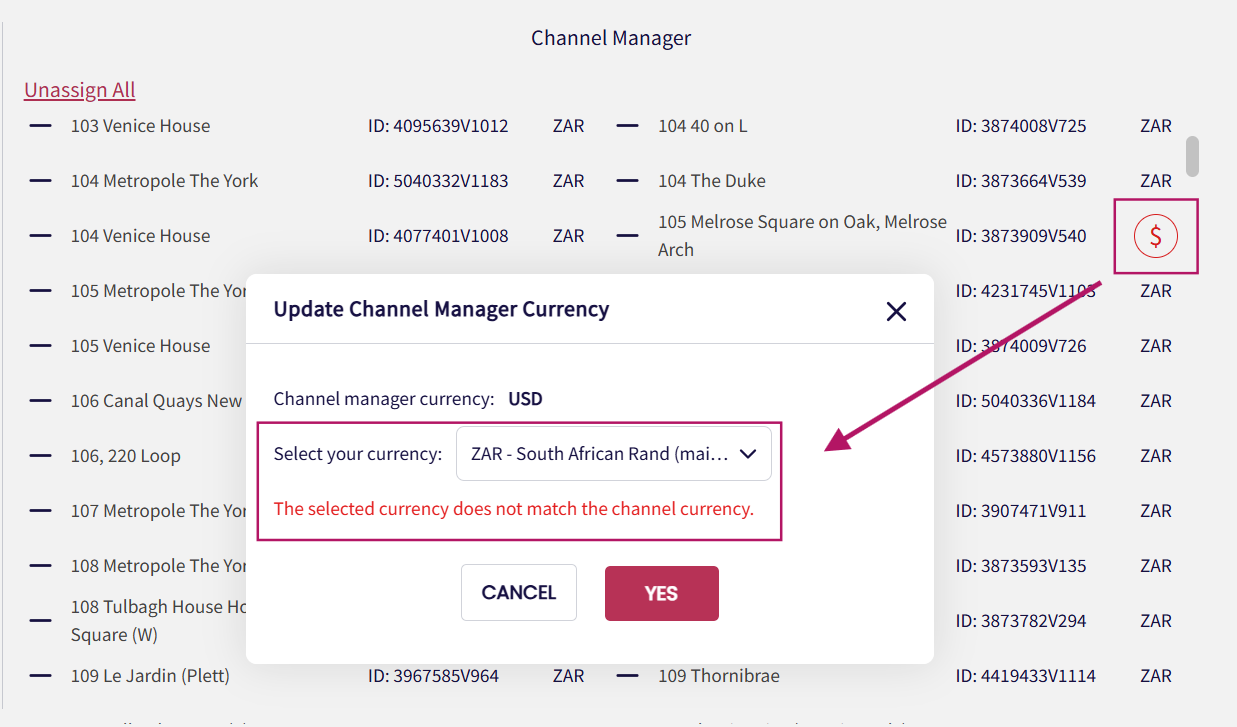 If the currency symbol is red, the currency selected for the conversion rate in GuestWisely does not match the Channel Manager currency.