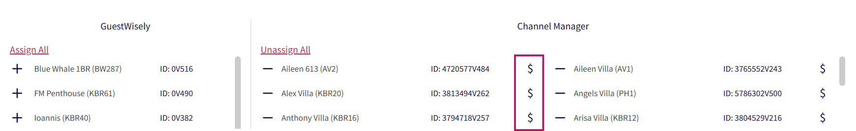 The currency symbol next to the property under Property Connections shows the currency in our Channel Manager Rate Table