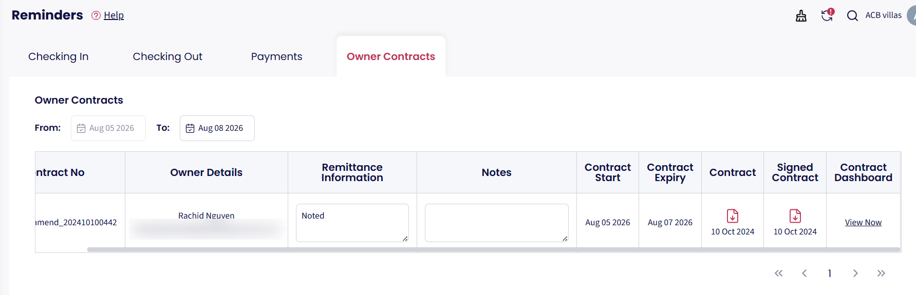 The Owner Contracts tab helps you monitor the status of owner agreements and quickly identify contracts that require attention.