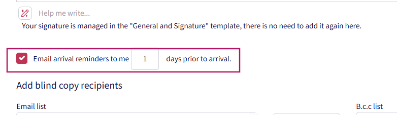 Under Pre-arrival Automated Message, you can set up a daily Reminder email to receive a quick overview of upcoming check-ins.