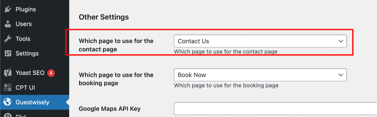 Create a new page to serve as your Contact Us Redirect page (if it has not been created yet).  Assign it in GuestWisely Plugin settings:  Locate the setting: “Which page to use for the contact page”.  Select the Contact Us Redirect Page you created in the previous step.  Click Save Changes to apply your settings.