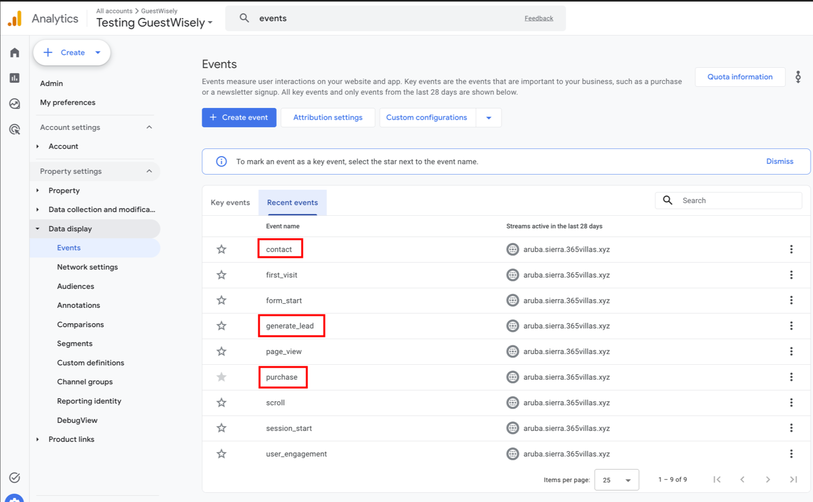 After a guest successfully completes a booking, submits a booking inquiry, or fills out a contact form, they will be redirected to the Booking Confirmation (Thank You) page, Booking Inquiry page, or Contact Form Confirmation page.  From these pages, Google Analytics will automatically track the following events:  Direct bookings → Purchase event  Booking inquiries → Lead (generate_lead) event  Contact form submissions → Contact event
