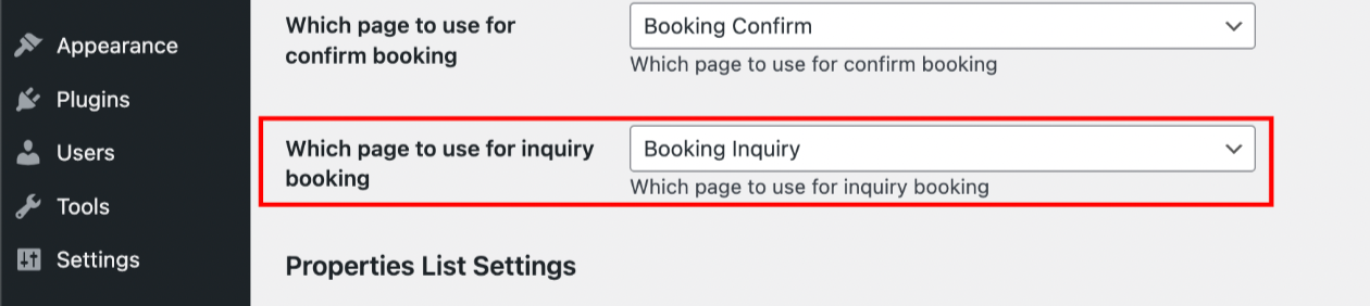 Create a new page to serve as your Booking Inquiry Redirect page.  Assign it in GuestWisely Plugin settings:  Locate the "Which page to use for inquiry booking" setting.  Select the Booking Inquiry Page you created in the previous step.  Save your changes