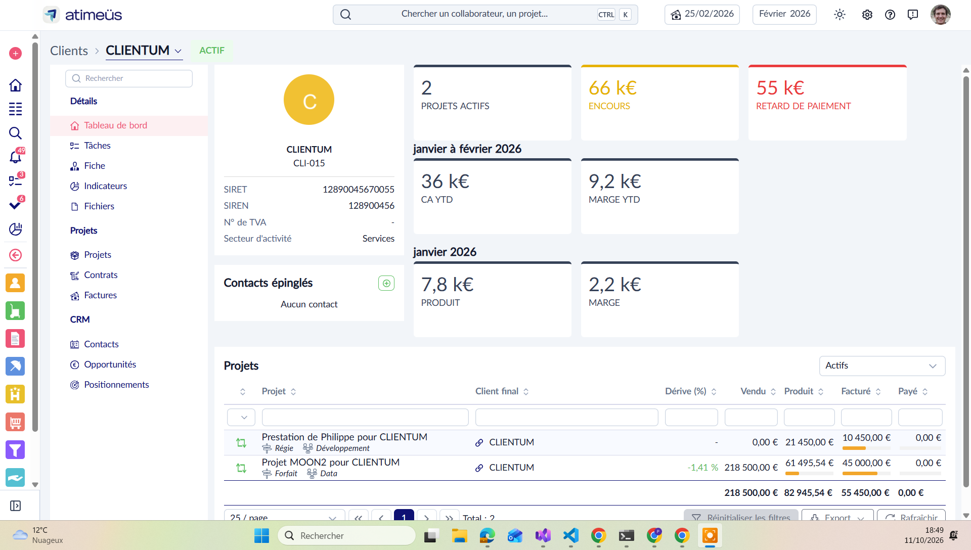 Tableau de bord d'un client : identifiants, contacts épinglés, indicateurs et projets