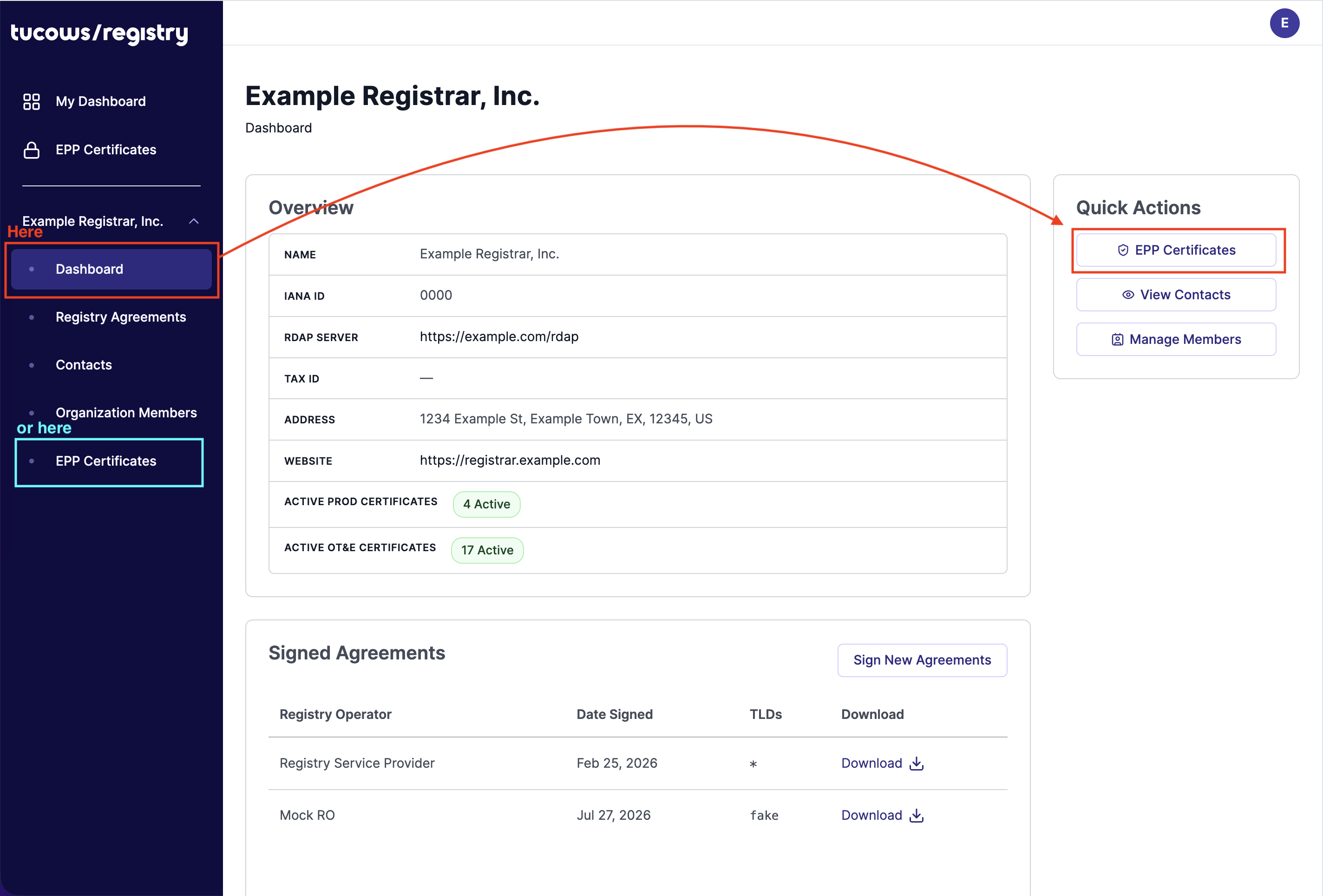 Registrar dashboard with the EPP Certificates navigation item and the EPP Certificates Quick Actions card both visible/highlighted