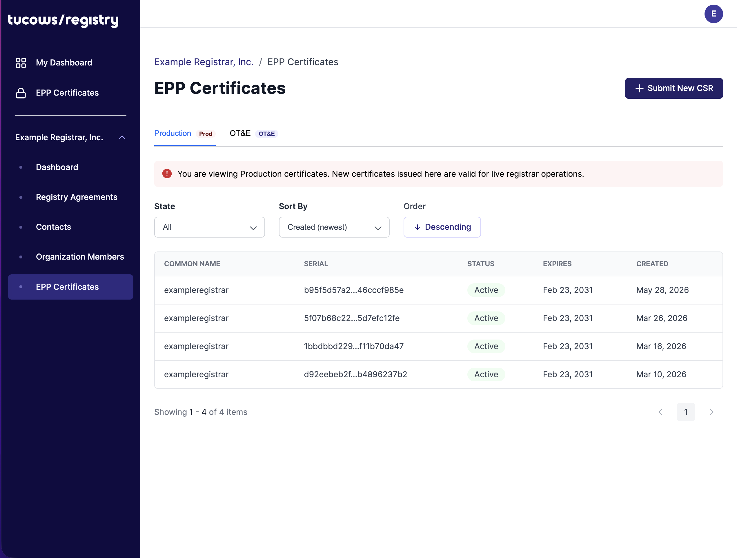 The EPP Certificates page on the Production tab showing the tabs, the Submit New CSR button, and the certificate table (Common Name, Serial, Status, Expires, Created)