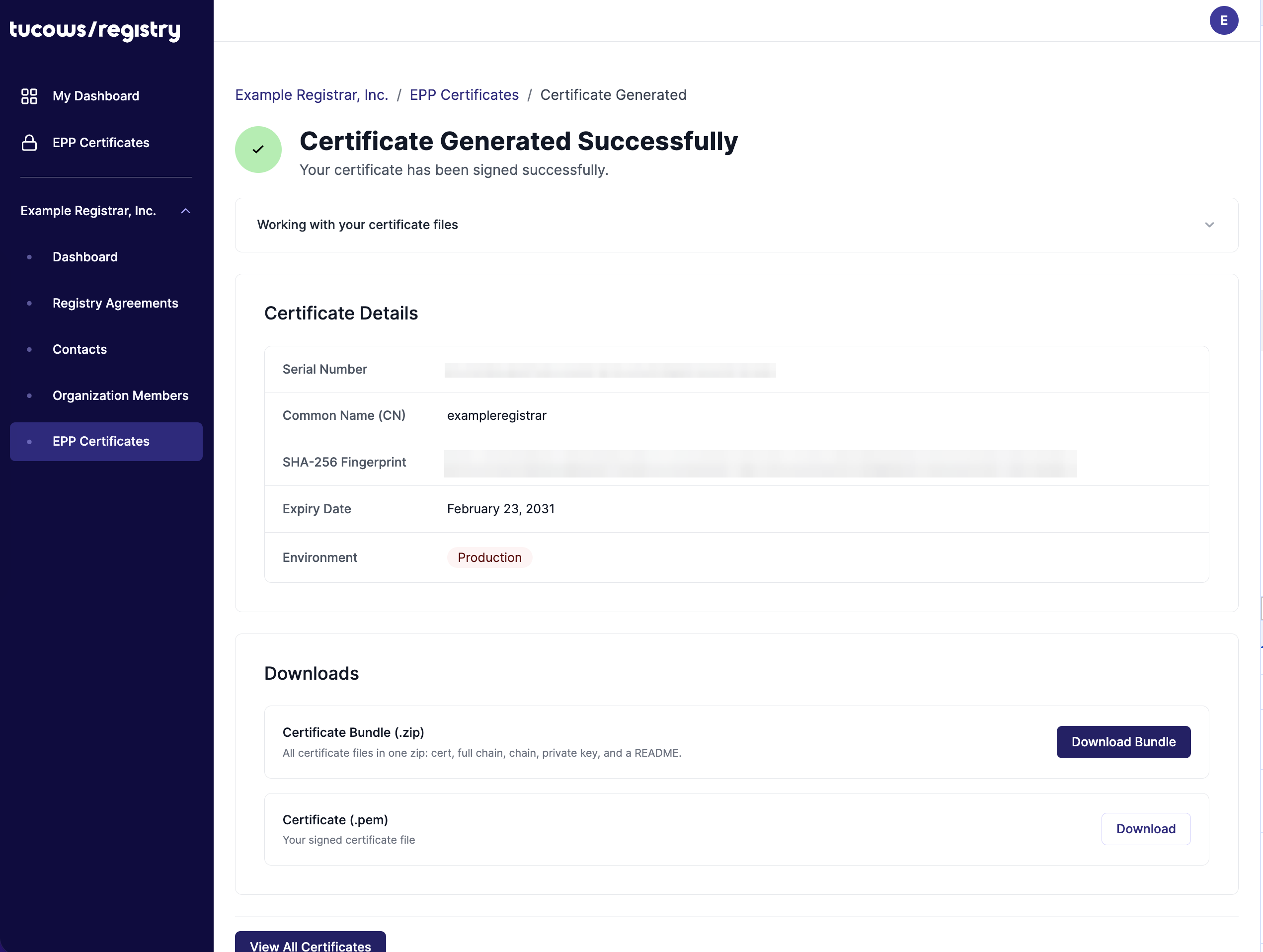 The Certificate Generated Successfully page for a Production certificate: the Certificate Details card (serial, common name, fingerprint, expiry, environment) and the Downloads card (Certificate Bundle, Certificate .pem)