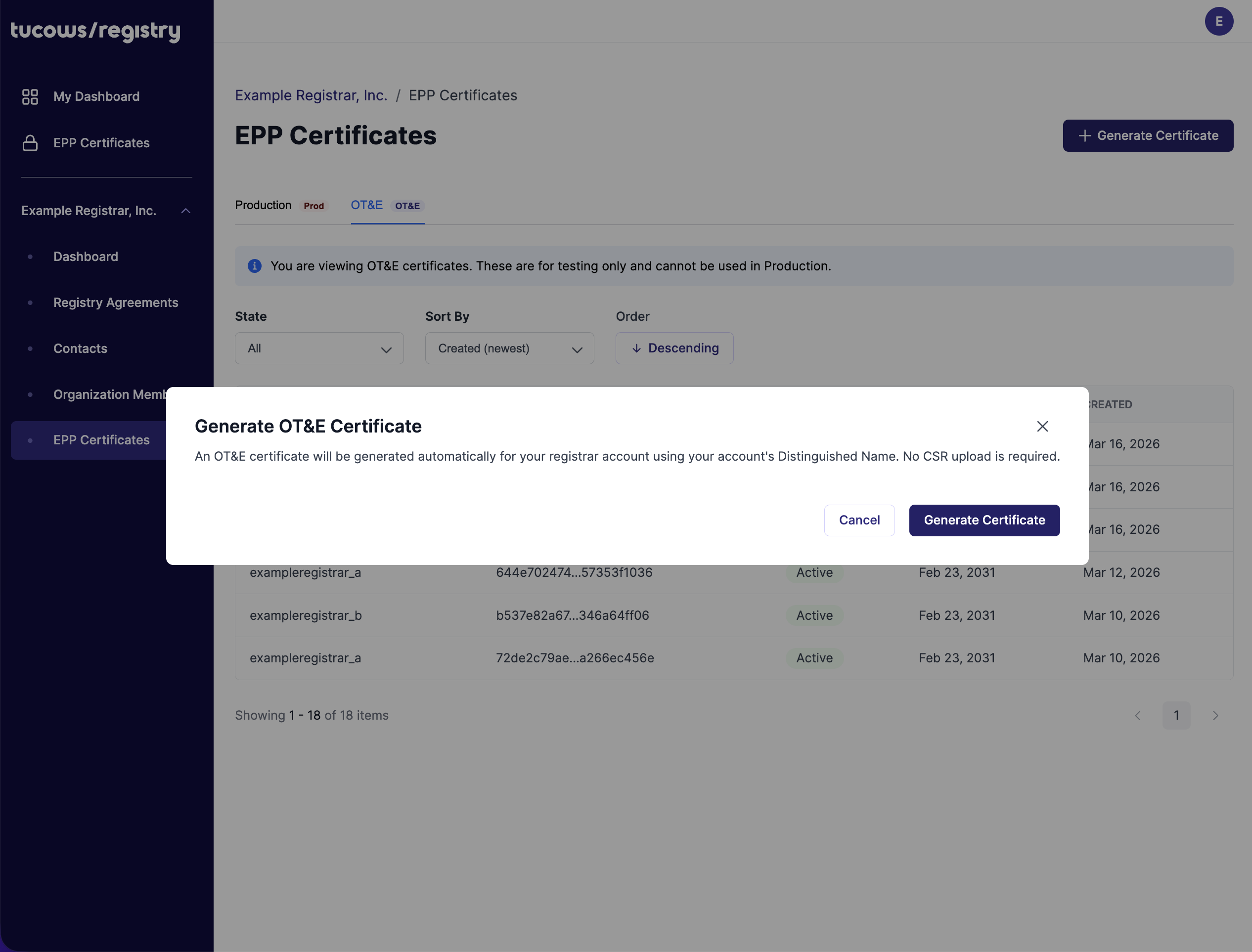The Generate OT&E Certificate confirmation modal