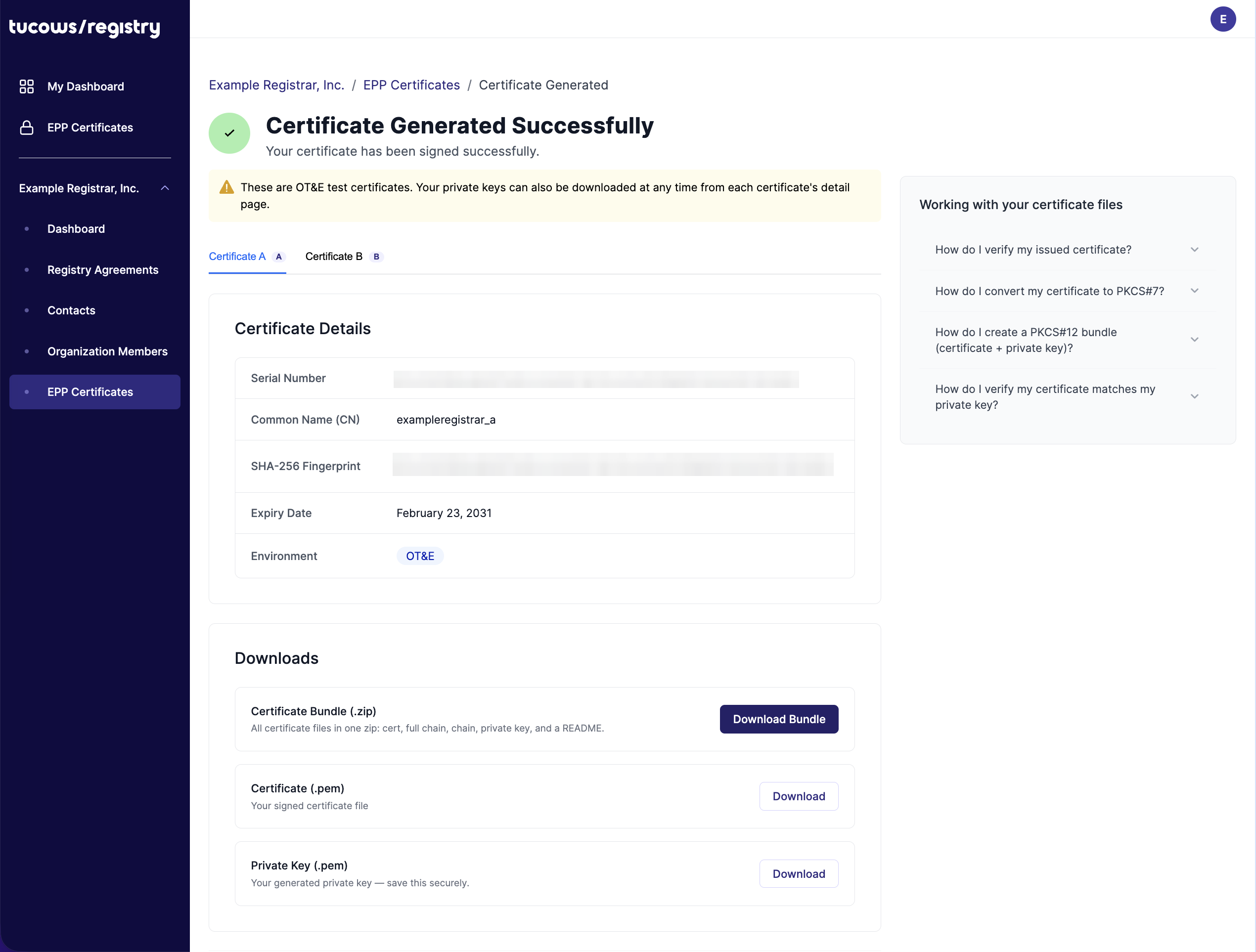 The success page for OT&E with the Certificate A / Certificate B tabs, the warning banner about private keys, and the Downloads card including Private Key (.pem)