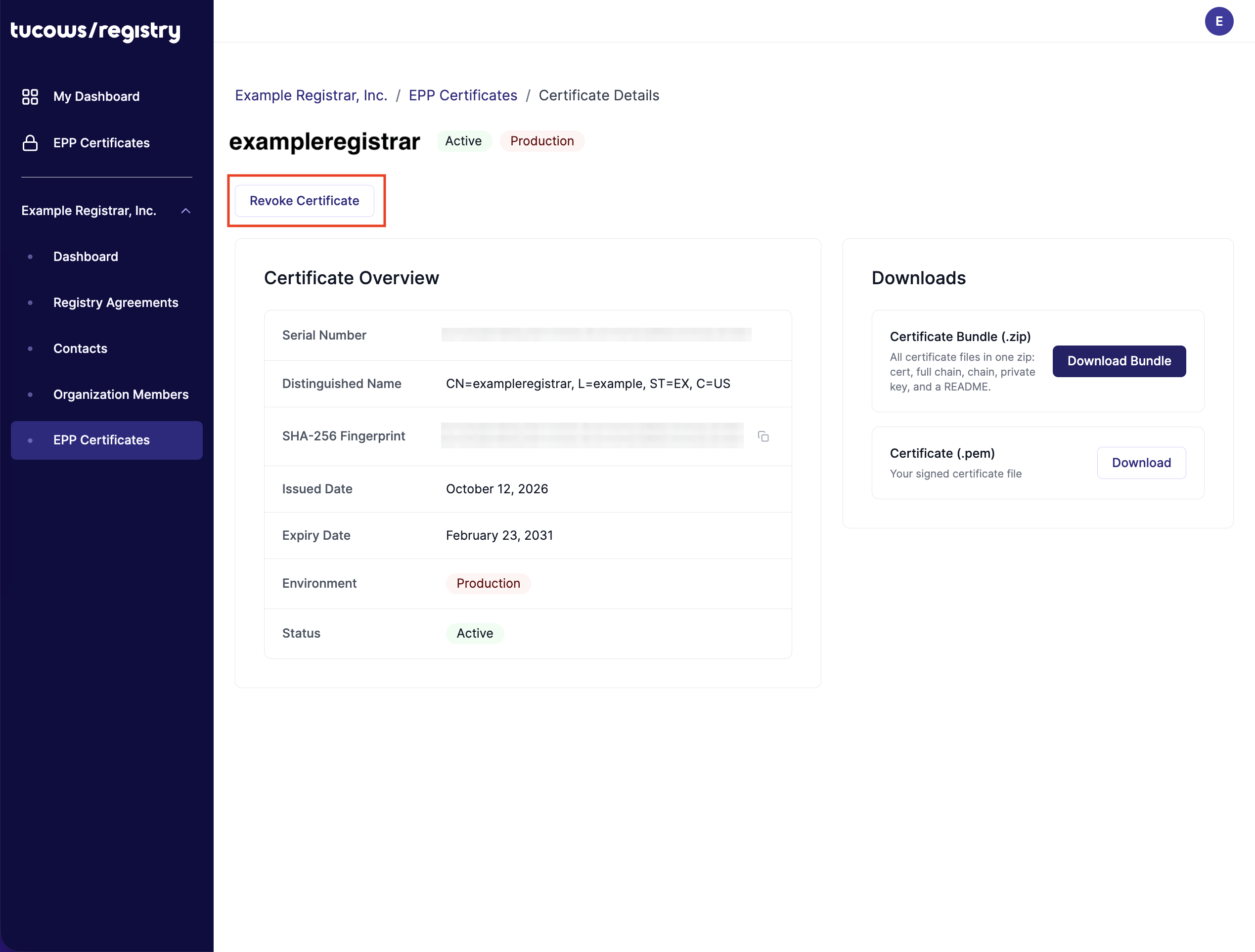The certificate detail page with the Revoke Certificate button visible at the top