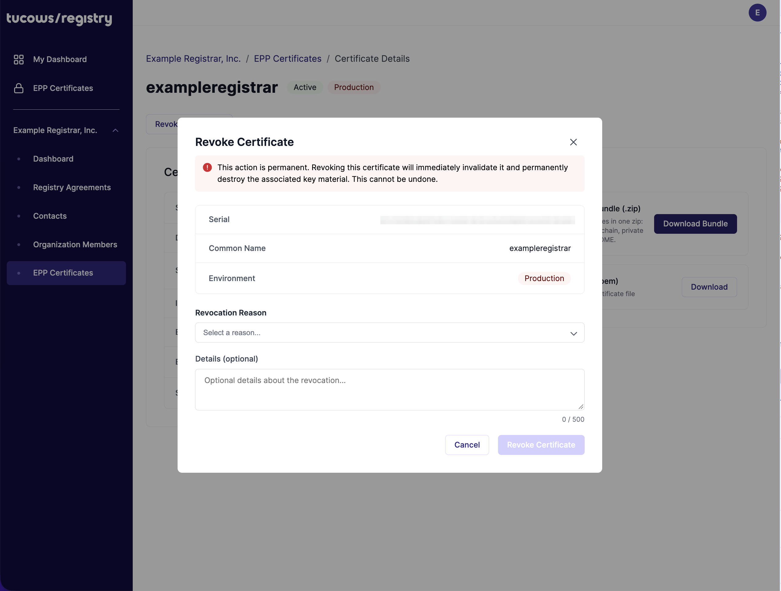 The Revoke Certificate modal showing the permanence warning, serial / common name / environment, the reason dropdown opened, and the details box