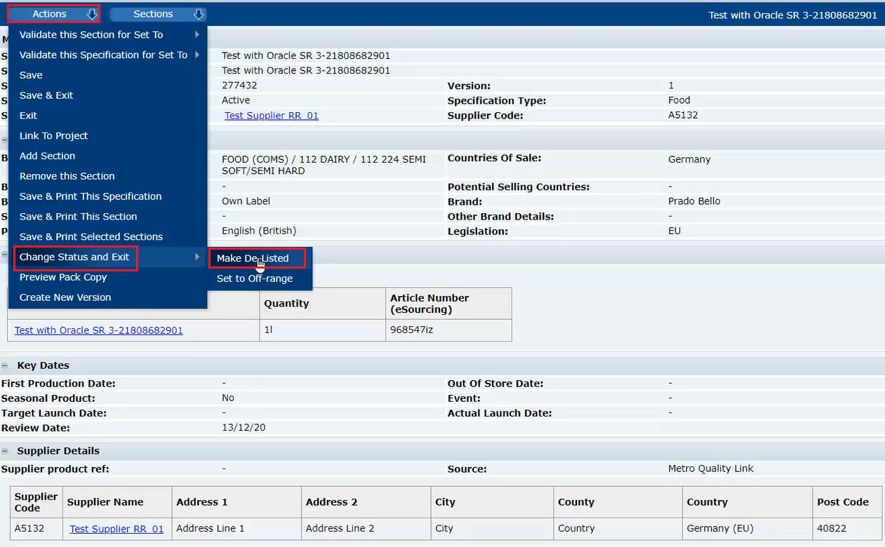 How to deactivate specifications in different status (Quality Link