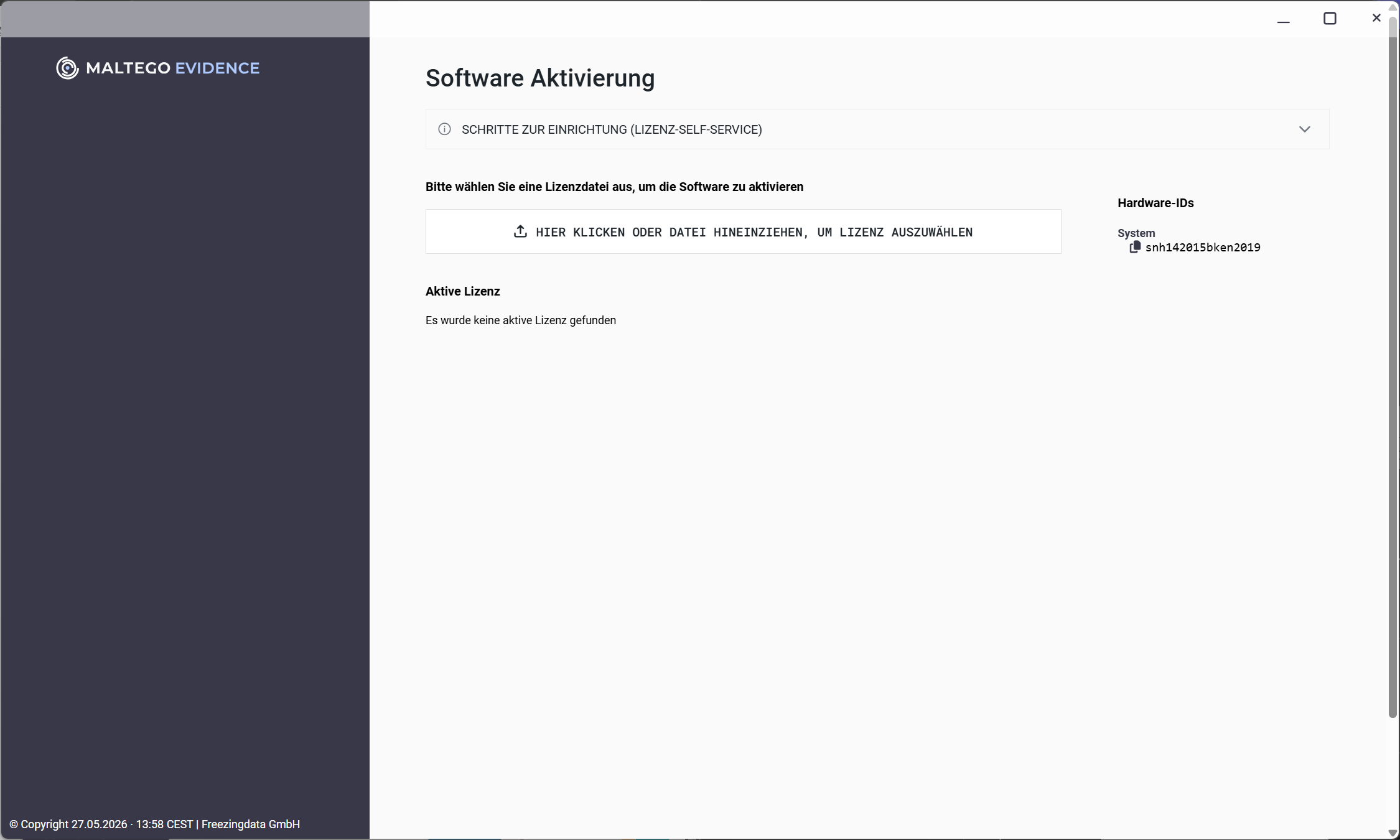 Aufforderung zur Eingabe des Lizenzschlüssels