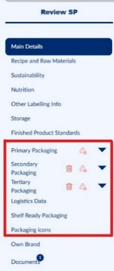 Packaging section menu