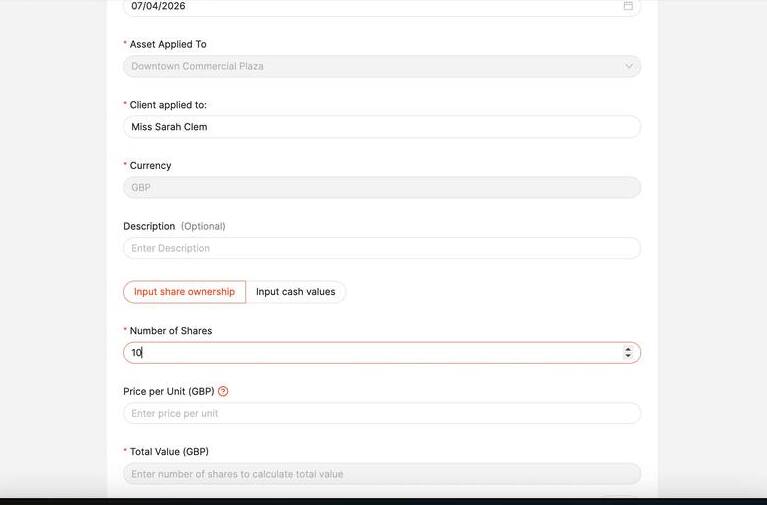 Add Investment form showing Input share ownership toggle selected, with Number of Shares, Price per Unit and Total Value fields