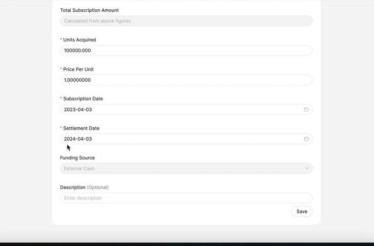 Lower subscription form showing Units Acquired, Price Per Unit, Subscription Date, Settlement Date and Funding Source