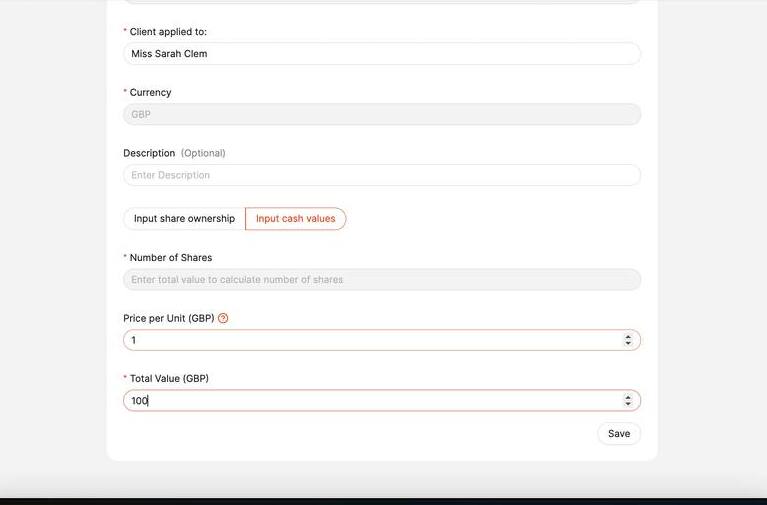 Add Investment with Input cash values selected — Number of Shares auto-calculated, Price per Unit and Total Value editable