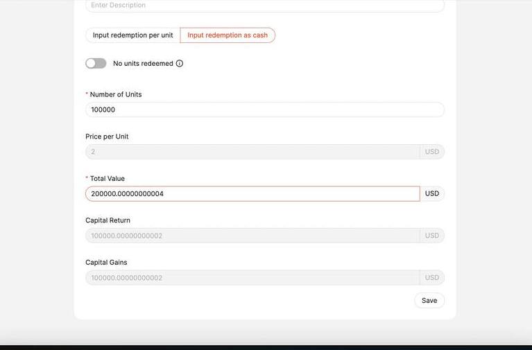 Redemption form bottom showing Total Value, Capital Return and Capital Gains auto-calculated