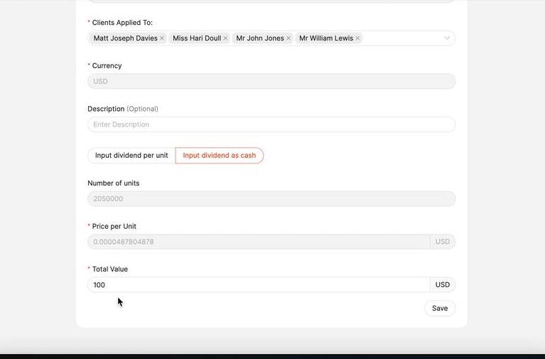 Distribution form with Input dividend as cash selected, showing Total Value entered and Price per Unit calculated