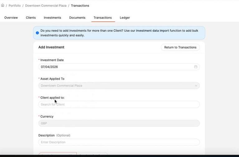 Add Investment form showing Investment Date, Asset Applied To, Client applied to, Currency, and Description fields
