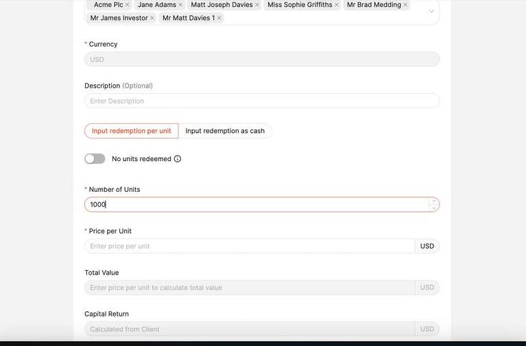 Redemption form showing input toggle, No units redeemed toggle, Number of Units and Price per Unit fields