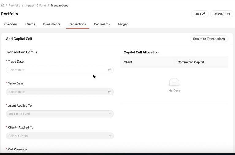 Add Capital Call form showing Trade Date, Value Date, Asset Applied To, Clients Applied To and empty Allocation panel