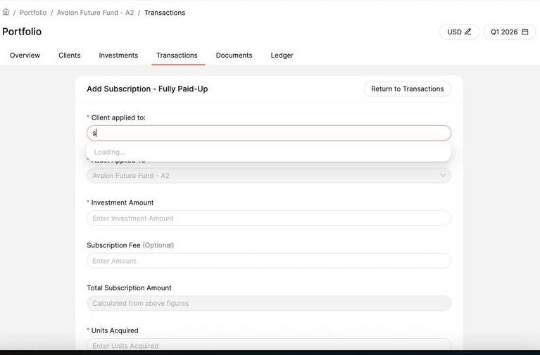 Subscription form showing Client Applied To, Asset Applied To, and Investment Amount fields