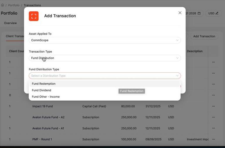 Fund Distribution type selector showing Fund Redemption, Fund Dividend, Fund Other Income