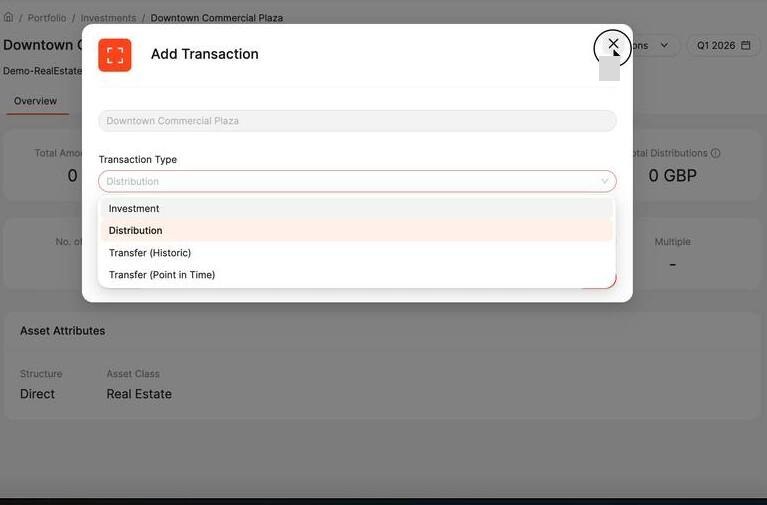 Transaction type dropdown showing Investment, Distribution, Transfer Historic, Transfer Point in Time