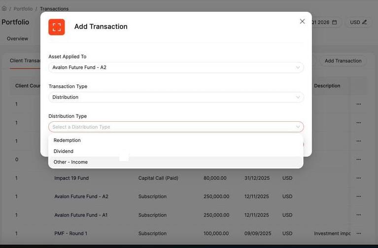 Distribution type selector showing Redemption, Dividend, and Other Income sub-types