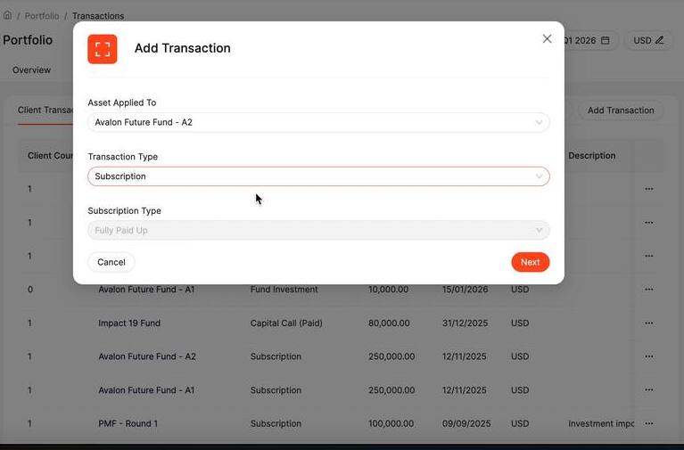 Add Transaction modal with Subscription type and Subscription Type sub-field visible