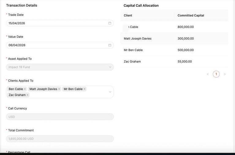 Capital Call form with multiple clients selected and Allocation panel showing each client name and committed capital