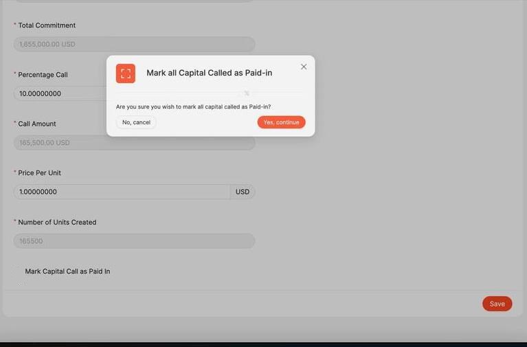 Mark all Capital Called as Paid-in confirmation dialog