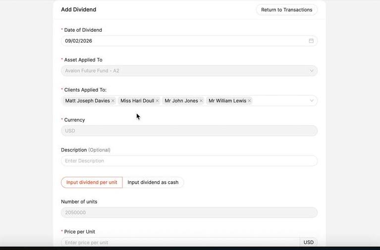 Add Dividend form showing Date of Dividend, Asset, Clients Applied To, Currency, Description, and input toggle