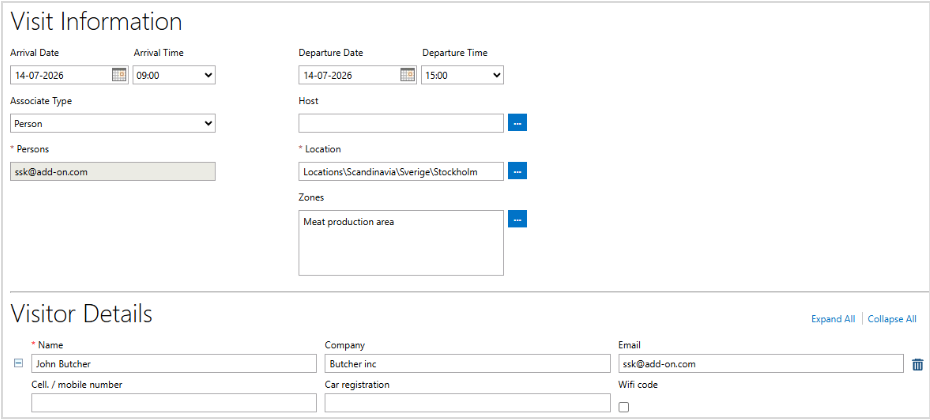 The image displays a form with fields for entering travel details such as arrival and departure dates, times, associate type, and visitor information, including personal and contact details, along with a specific location and zone. 
AI-generated content may be incorrect.