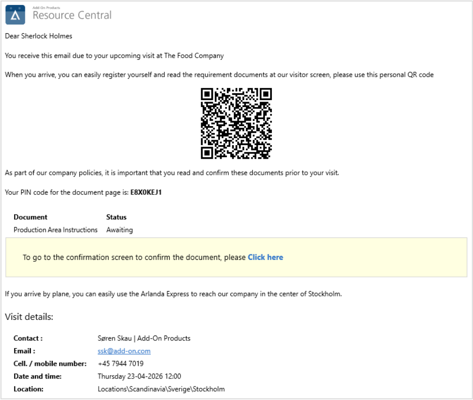 This image is an email invitation from Add-On Products to Sherlock Holmes, inviting him to visit the company in Stockholm, including QR code for document confirmation and travel details. 
AI-generated content may be incorrect.