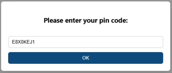 The image shows a computer interface with a blue box containing a prompt asking the user to input a PIN code, followed by an OK button. 
AI-generated content may be incorrect.