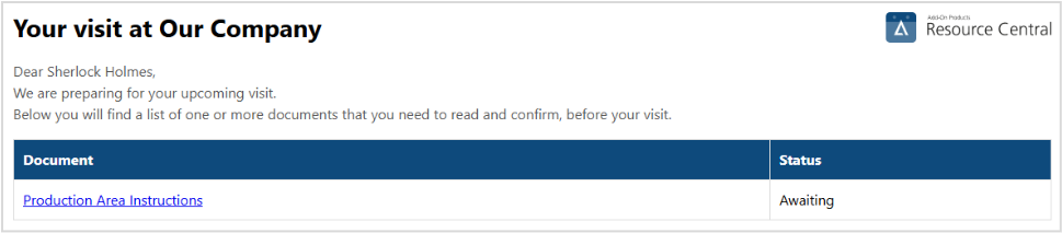 The image is a webpage interface for a company, specifically a welcome page for a visitor named Sherlock Holmes, listing documents for review prior to a visit. 
AI-generated content may be incorrect.
